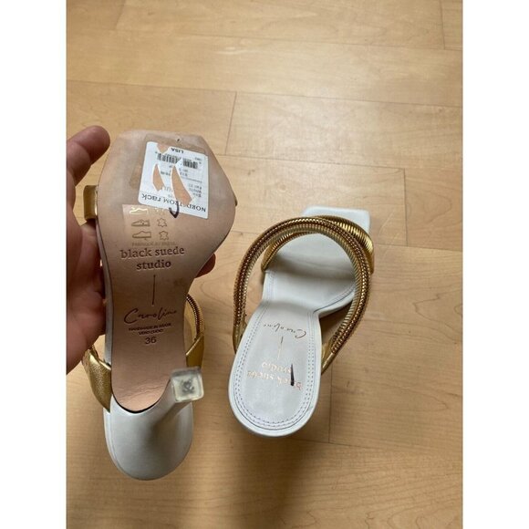 BLACK Suede Studio BNWT "Lisa" Dual Band Heels Gold White Sz 36 New Leather - Picture 6 of 10